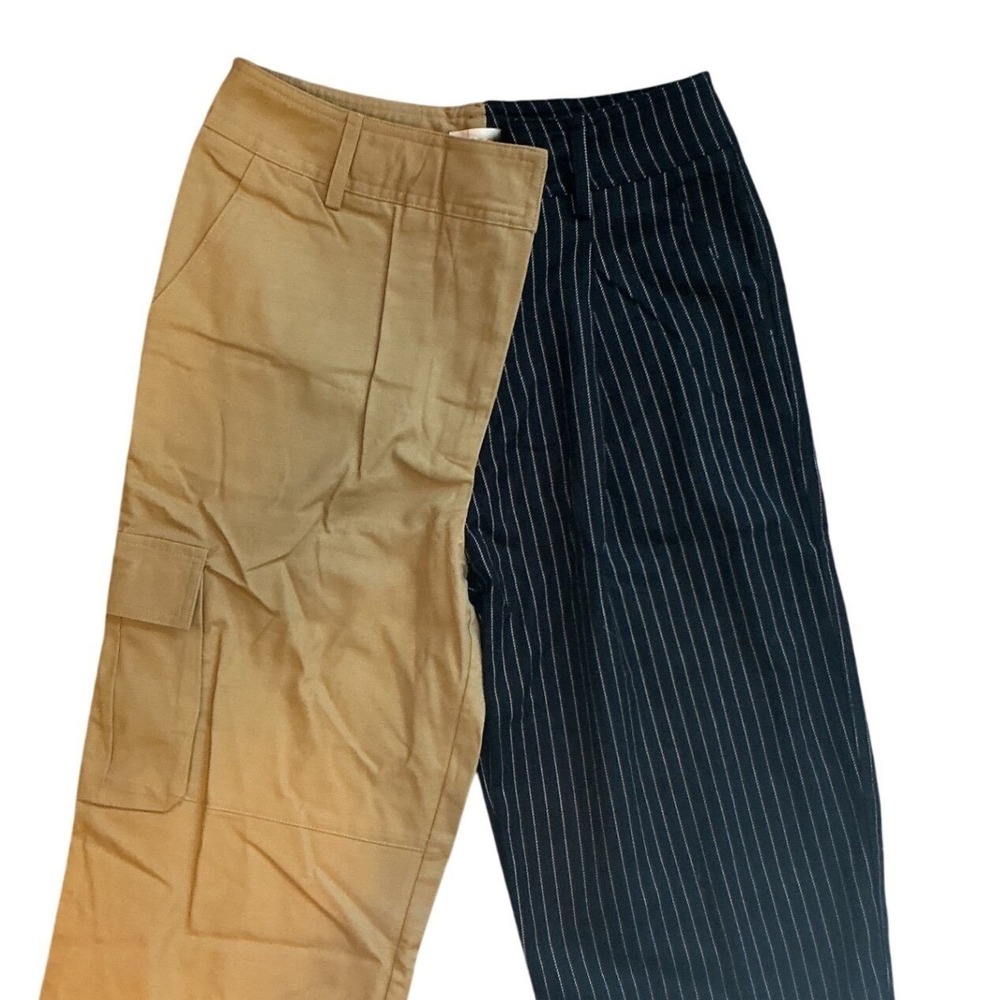 Choosy Two Tone Split Leg Cargo Pinstripe Trousers Tan Black Size 2 Streetwear - Picture 7 of 11